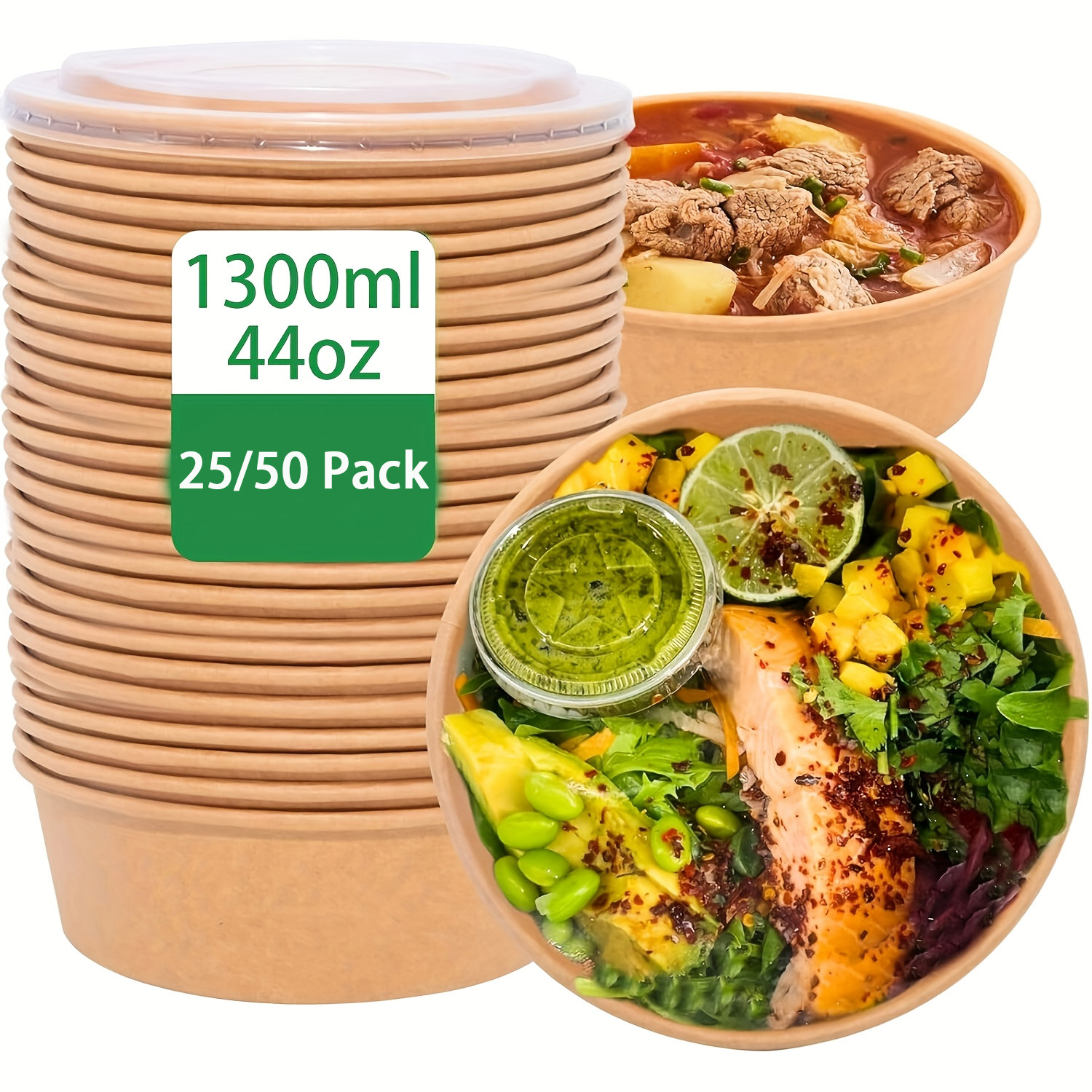 Meal Prep Dinners - 44Oz/1300Ml 25/50 Pack Paper Bowls with