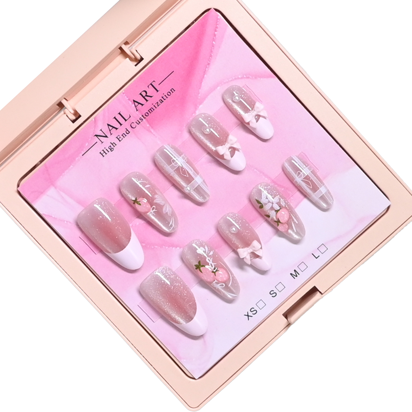 Strawberry Huller - 10 handmade almond nails in mirror